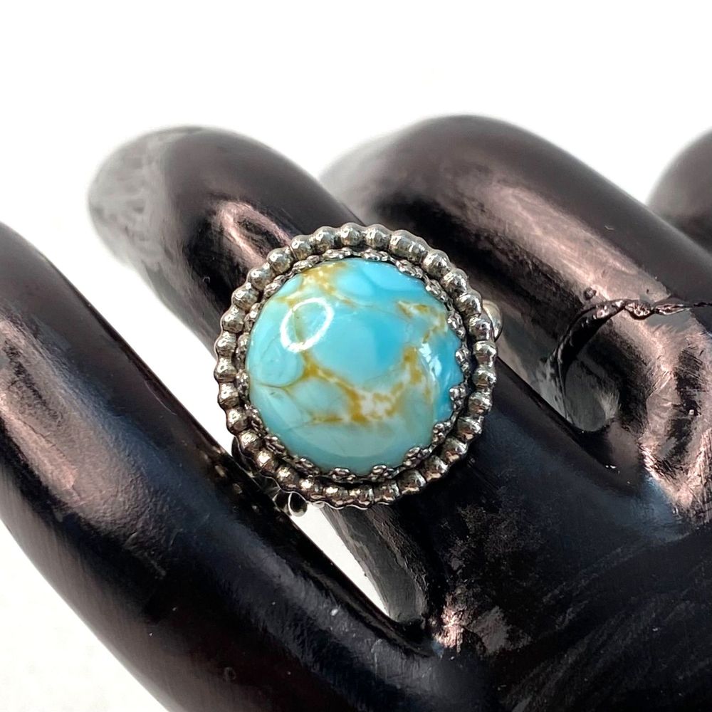 💎West Germany Ring Silver Tone Swirl Metal Blue Yellow Round Cabochon